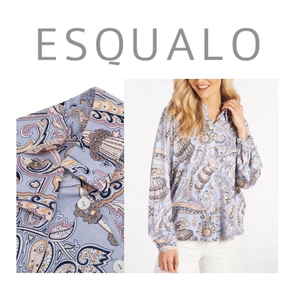 ESQUALO Vintage Print Button Up Blouse Long Sleeve Collared Silky Satiny Chic - Picture 2 of 7